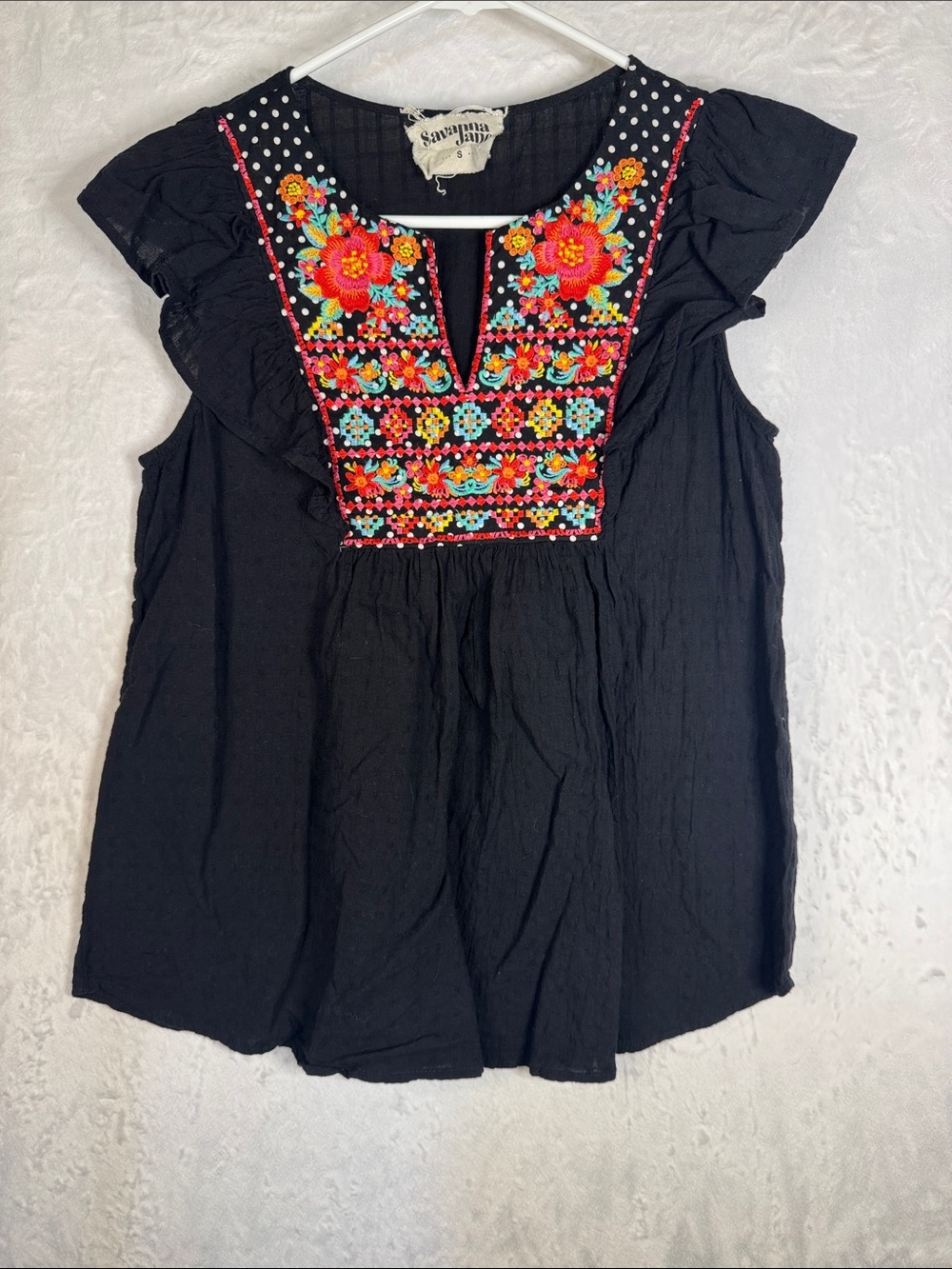 Savanna Jane Small Black Embroidered Flutter Sleeve Top